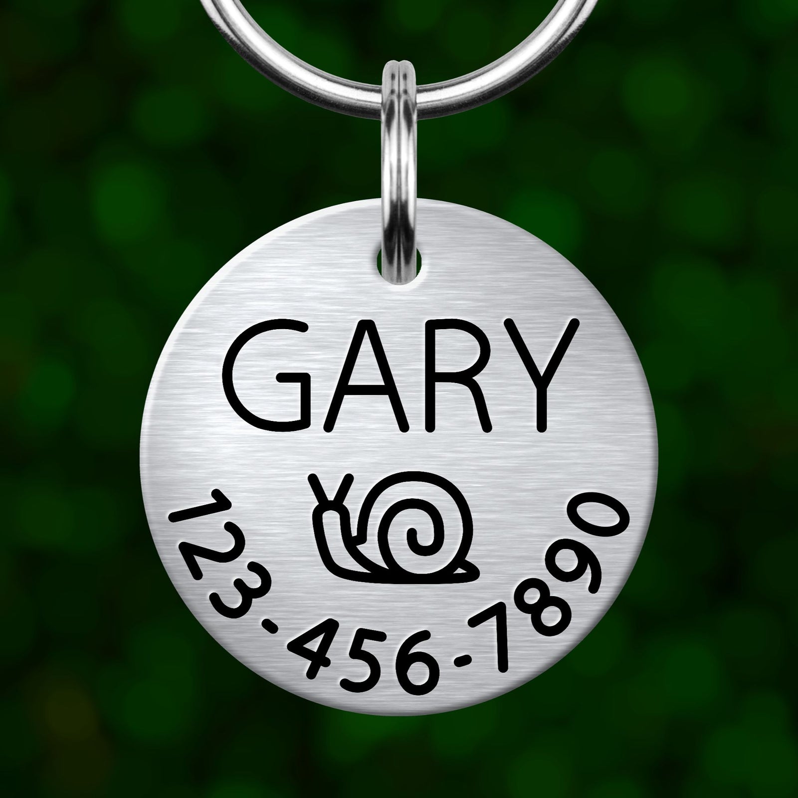 A silver-colored metal pet tag with the name "GARY" and a phone number "123-456-7890" printed on it.