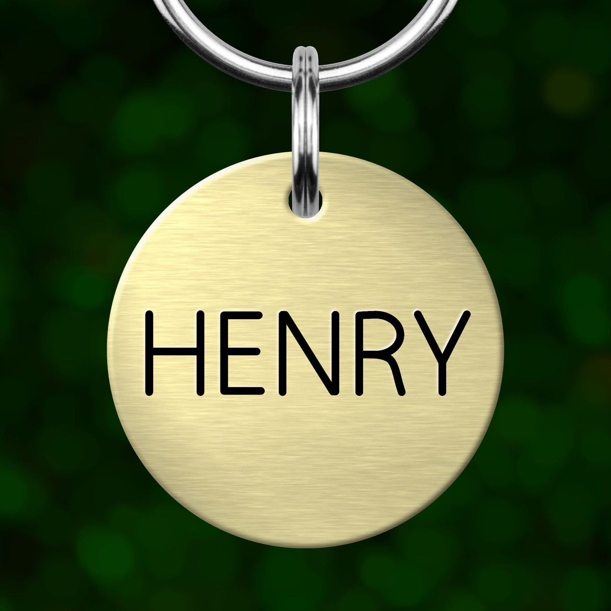 A round, gold-colored pet tag with the name "HENRY" printed on it.