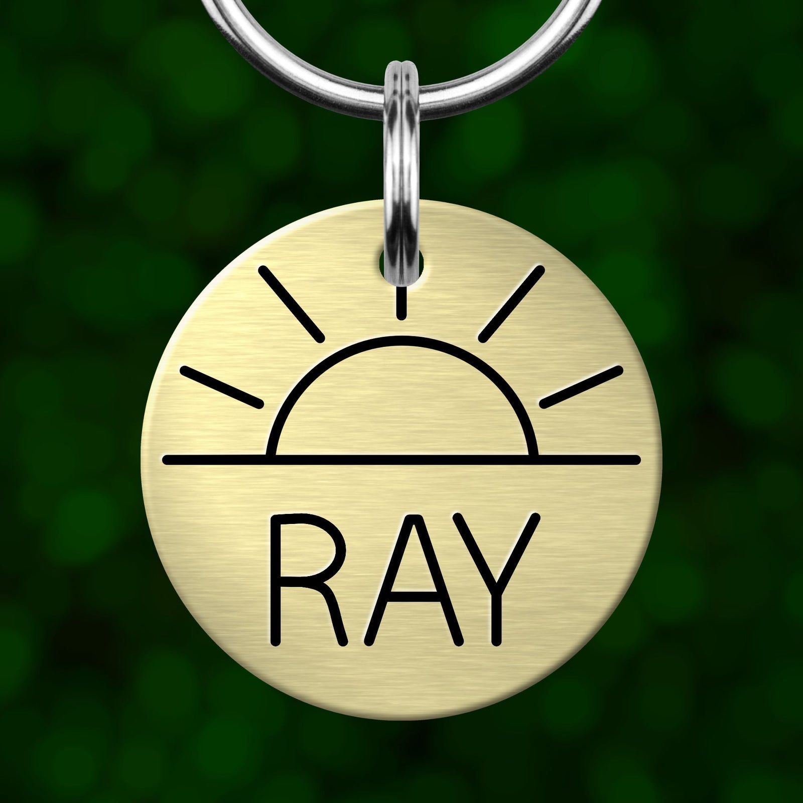 A round metal keychain tag with a sun symbol and the word "RAY" printed on it.