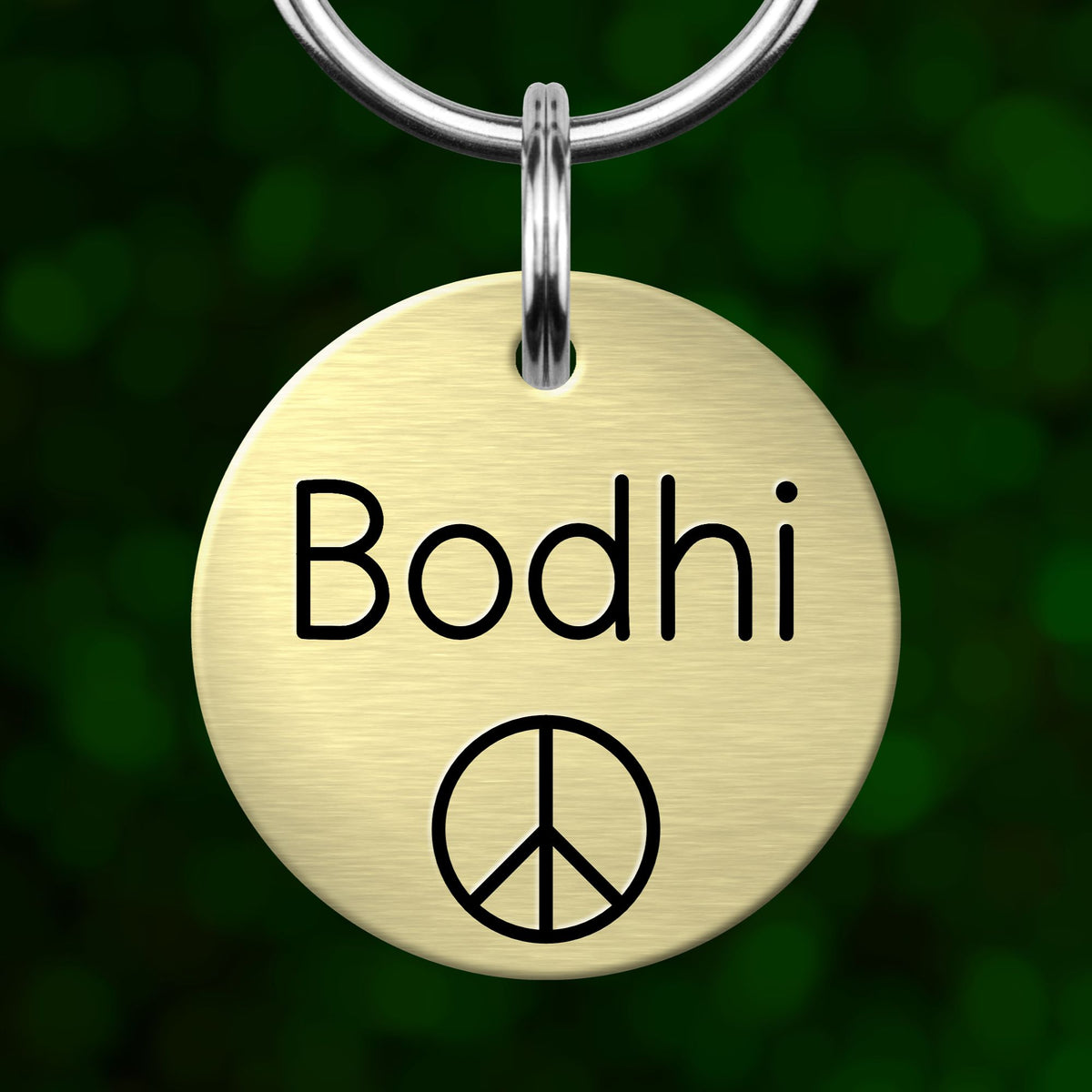 A round metal pet tag with the name "Bodhi" written on it, along with a peace symbol.