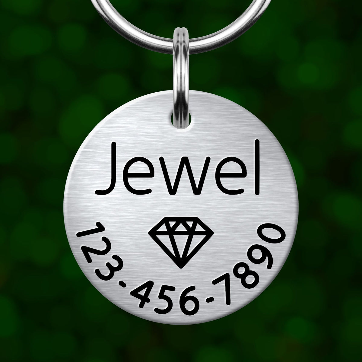 A silver-colored metal pet tag with the name "Jewel" and a phone number "123-456-7890" printed on it.