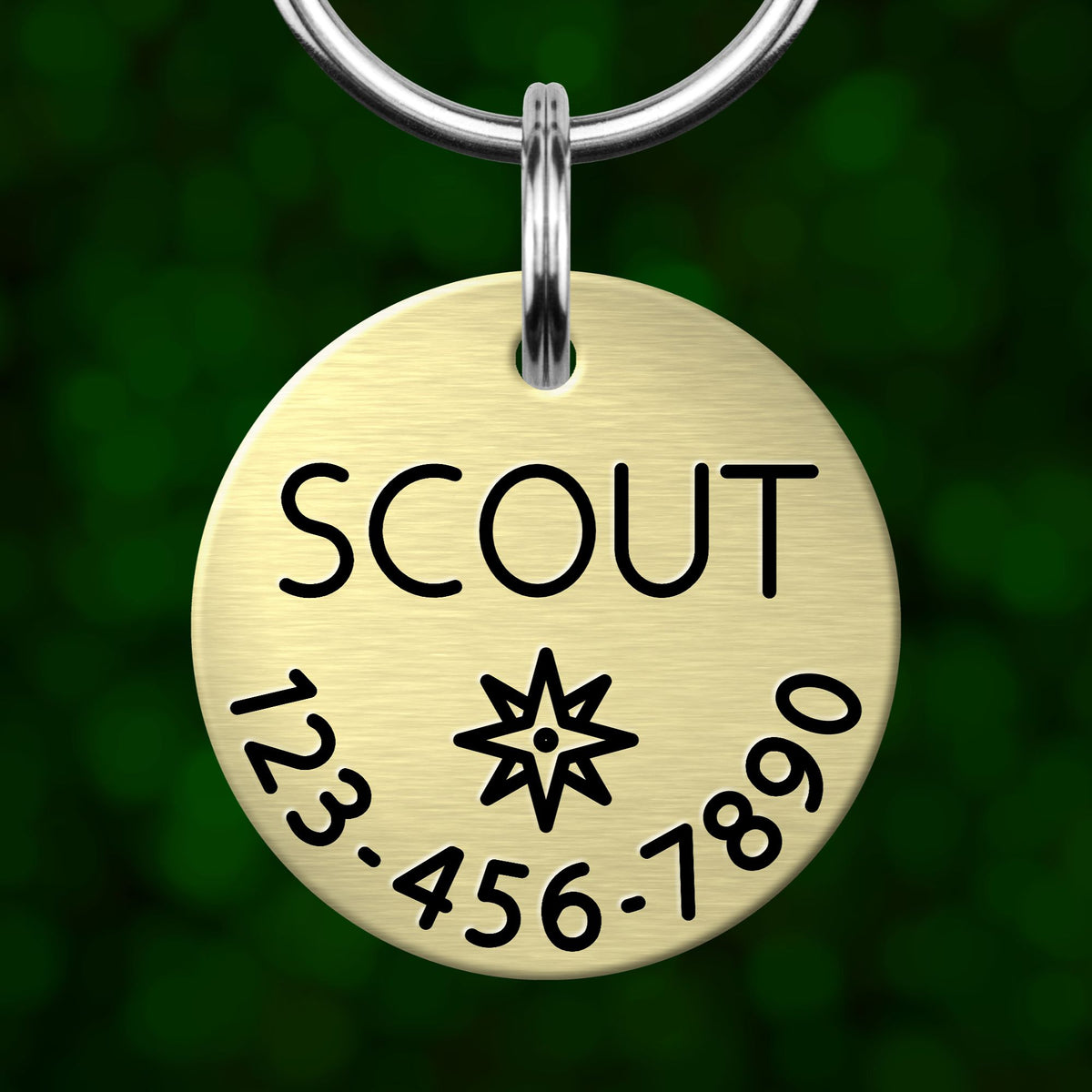 A round metal dog tag with the word "SCOUT" printed on it, along with a star symbol and some numbers below.