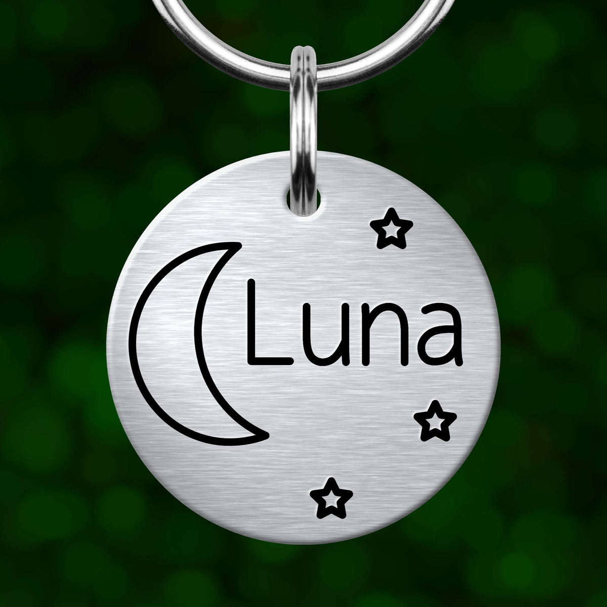 A silver circular pet tag with the name "Luna" and stars around it, hanging from a metal hook.