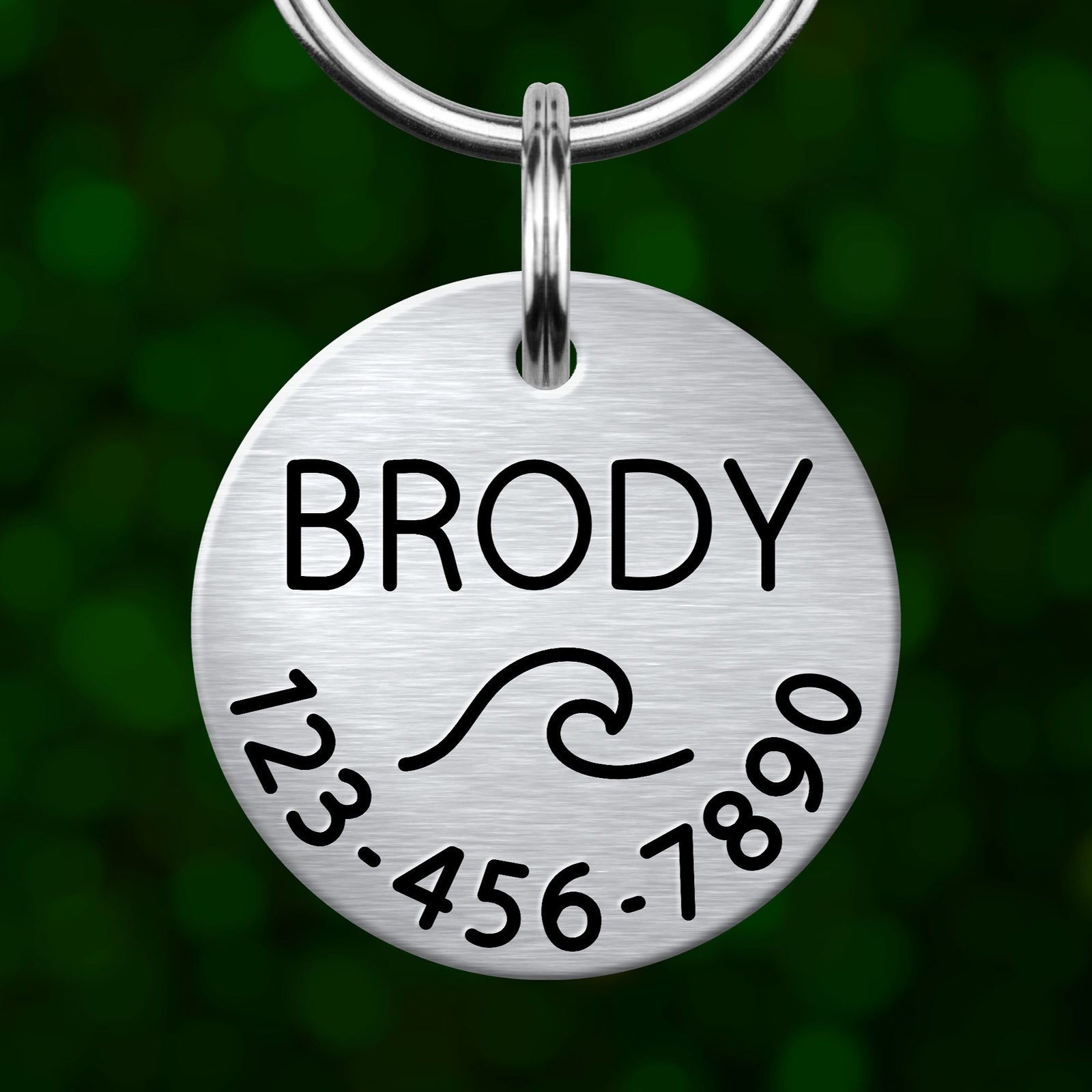 A silver metal pet tag with the name "BRODY" printed on it, along with a wave symbol and a phone number.
