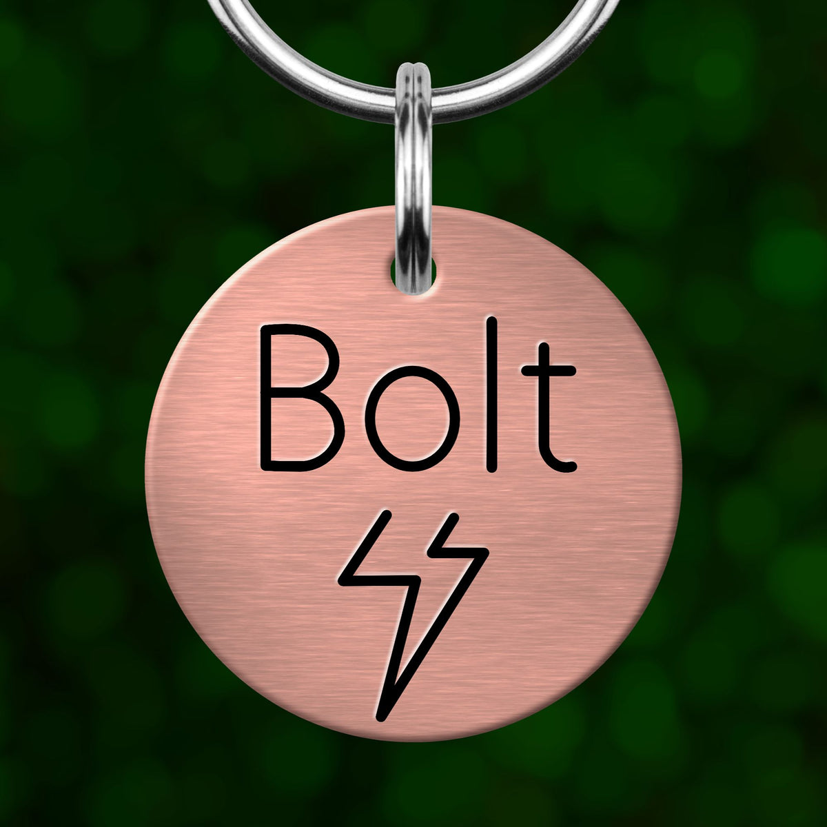 A round metal pet tag with the name "Bolt" and a lightning bolt symbol printed on it.