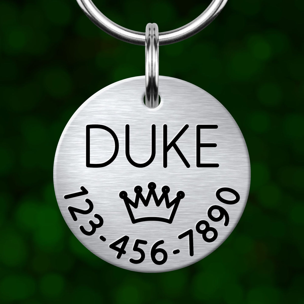 A silver metal pet tag with the name "DUKE" and a crown symbol printed on it.