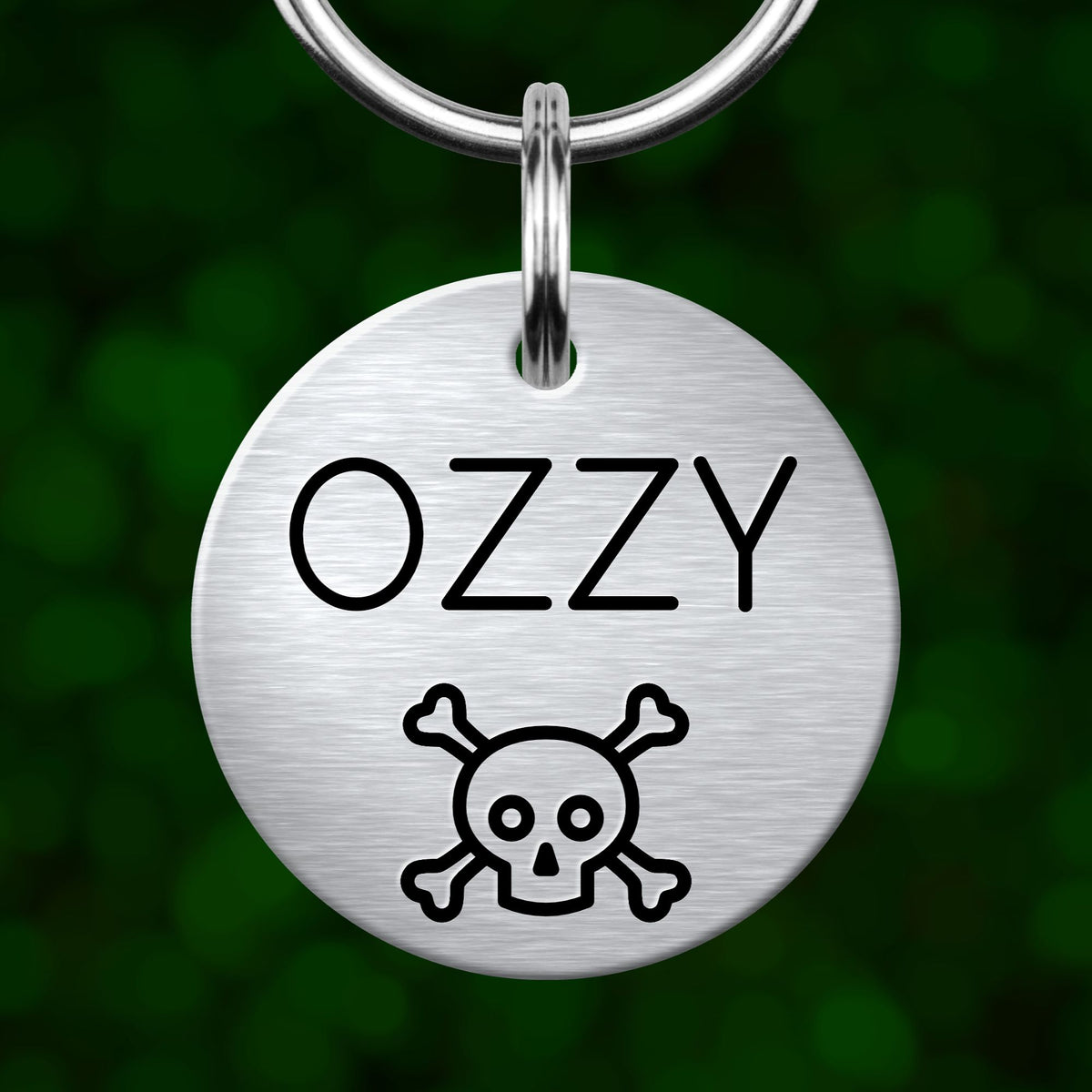 A round metal pet tag with the name "OZZY" and a skull and crossbones symbol.