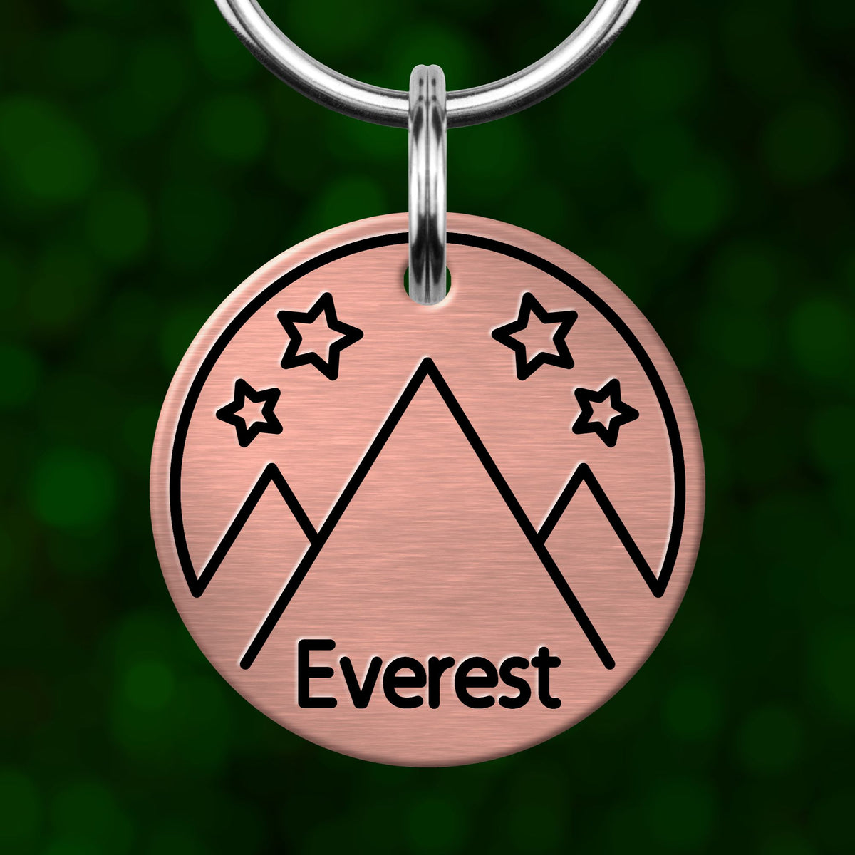A round metal keychain tag with a mountain and star design, featuring the word "Everest" written on it.