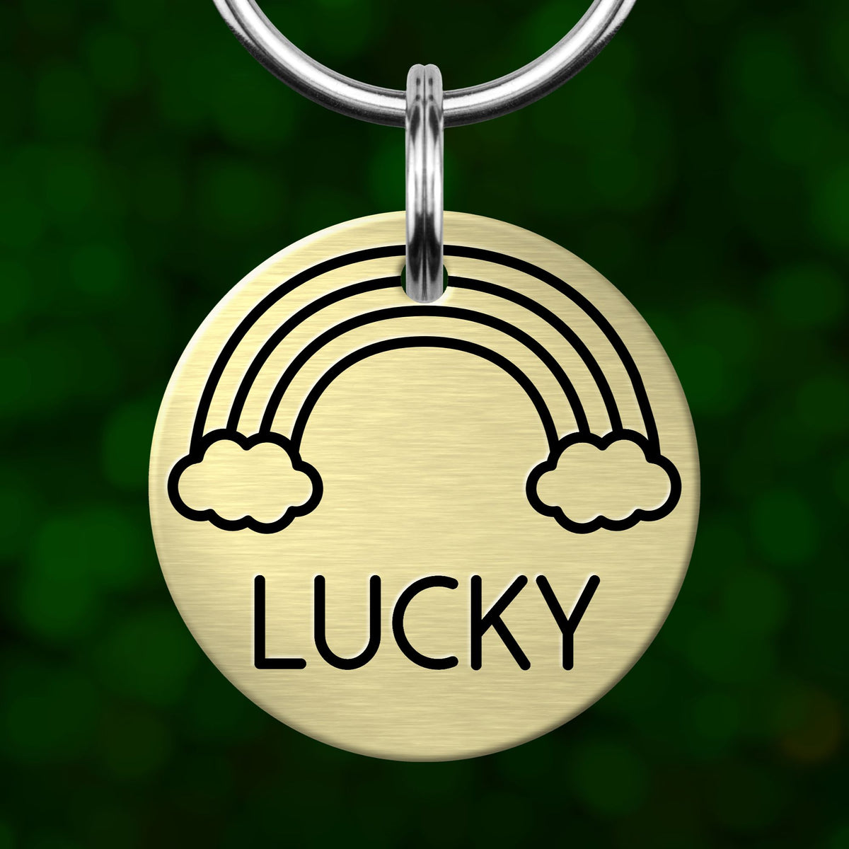 A round metal pet tag with a rainbow graphic and the word "Lucky" printed on it.